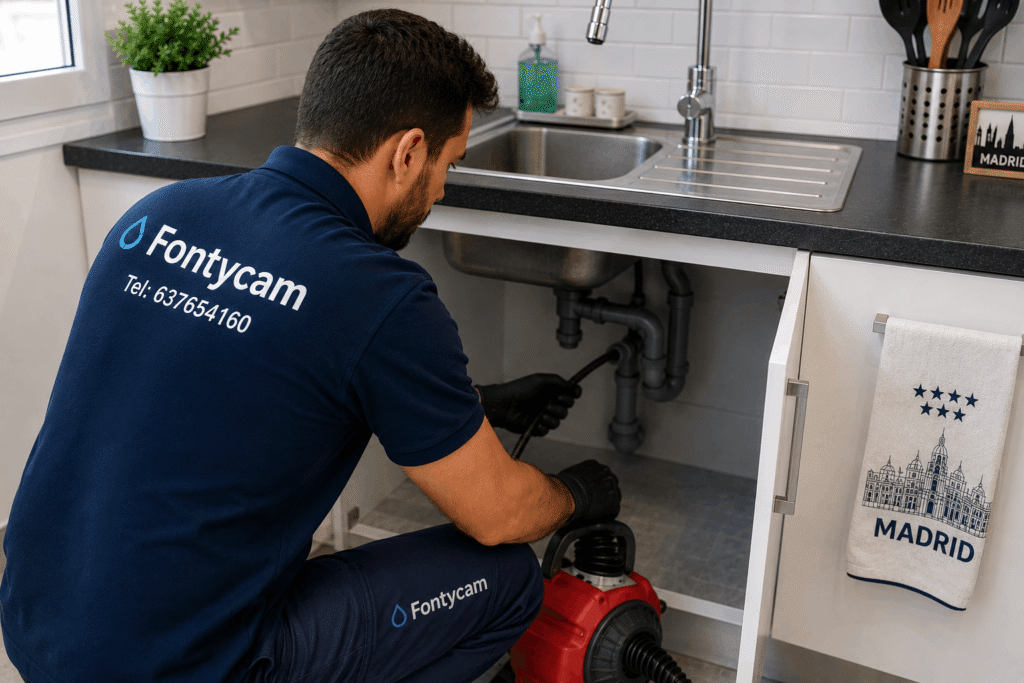 Técnico realizando desatasco en fregadero de cocina en una vivienda de Madrid.