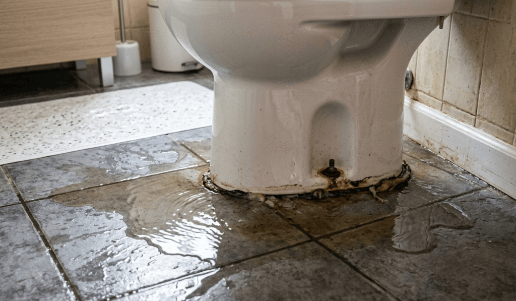 Fuga de agua en la base del váter por junta deteriorada