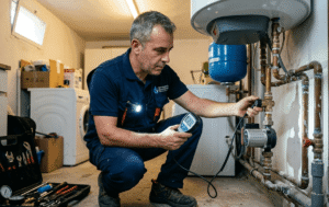 Técnico de fontanería inspeccionando tuberías por problemas de presión de agua