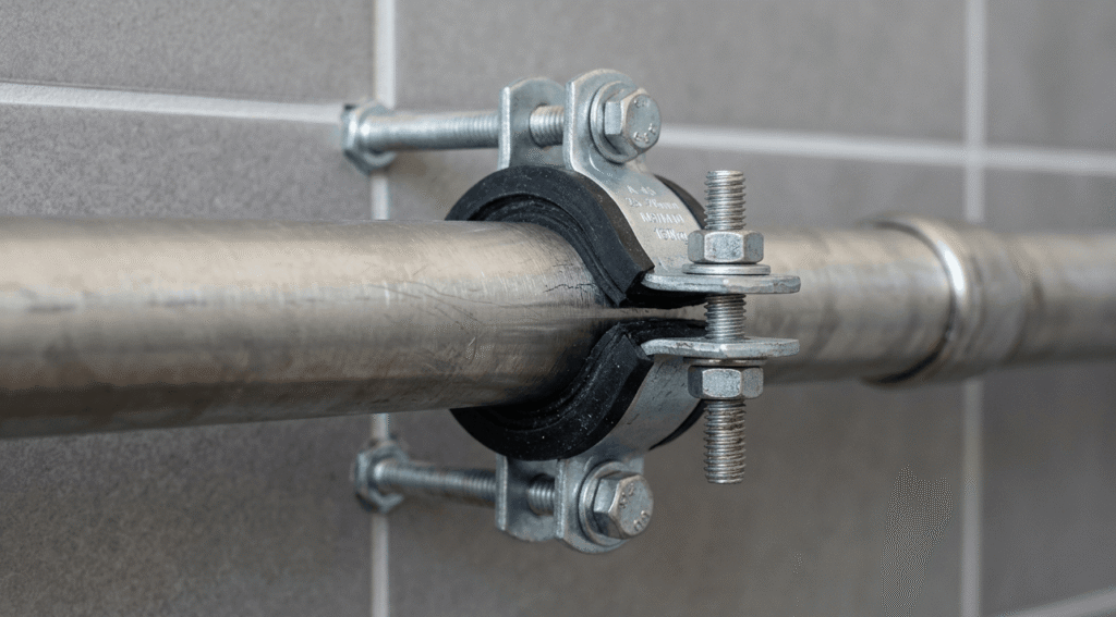 Tubería de agua sujeta firmemente a una pared mediante una abrazadera de metal con goma aislante de vibraciones.