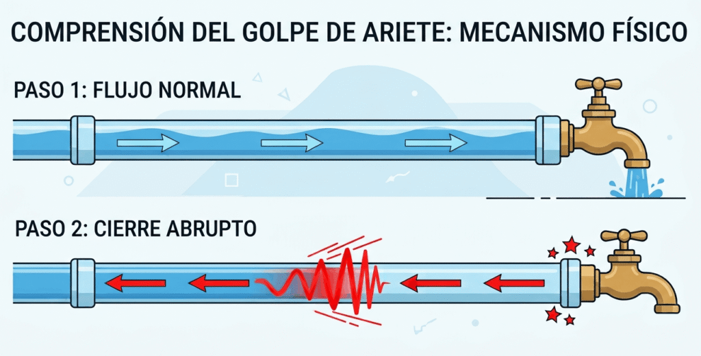 Diagrama infográfico que explica cómo la interrupción repentina del flujo de agua al cerrar un grifo genera una onda de presión en la tubería.
