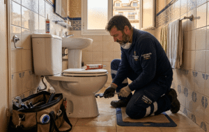 fontanero revisando un váter con fuga en Madrid