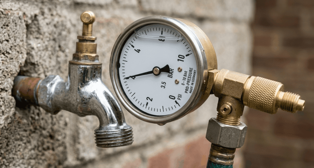 Manómetro analógico conectado a una toma de agua doméstica marcando la presión en bares.